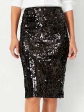 ANN TAYLOR  ~ Black Sequin Knee Length PENCIL SKIRT ~ 0P 0